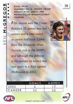 2003 Select XL Ultra AFL #28 Ken McGregor Back